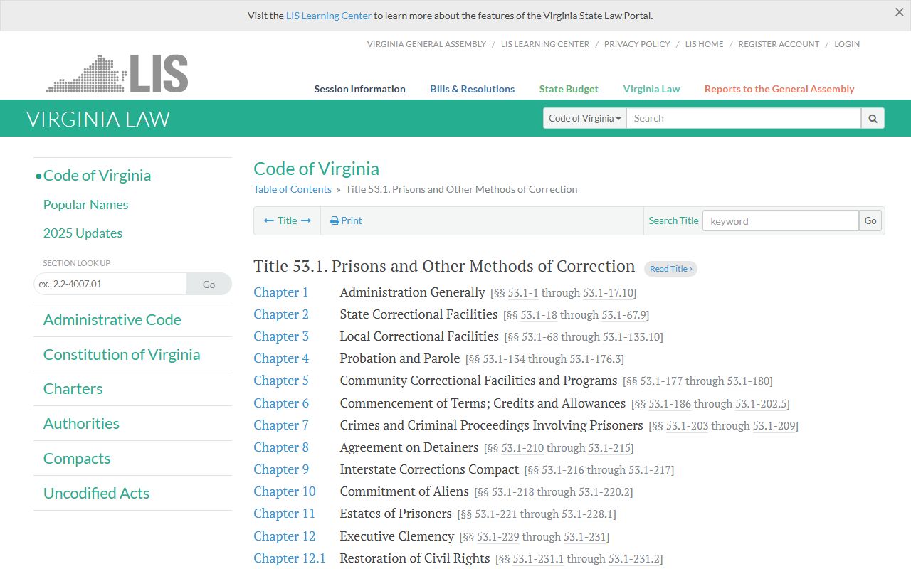 Code of Virginia Title 53.1 Jail Roster statute