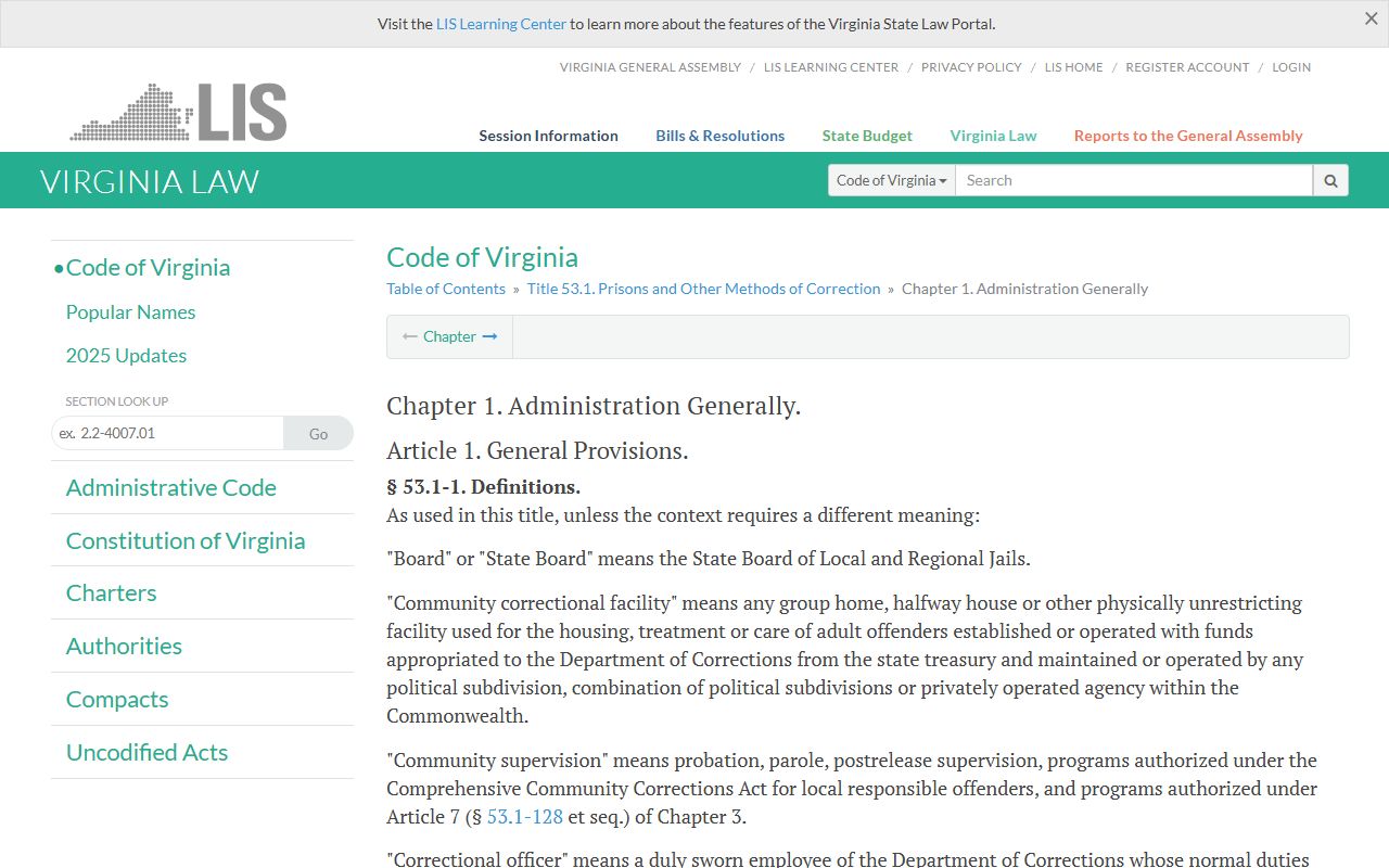 Virginia Corrections Administration Code Jail Roster rules